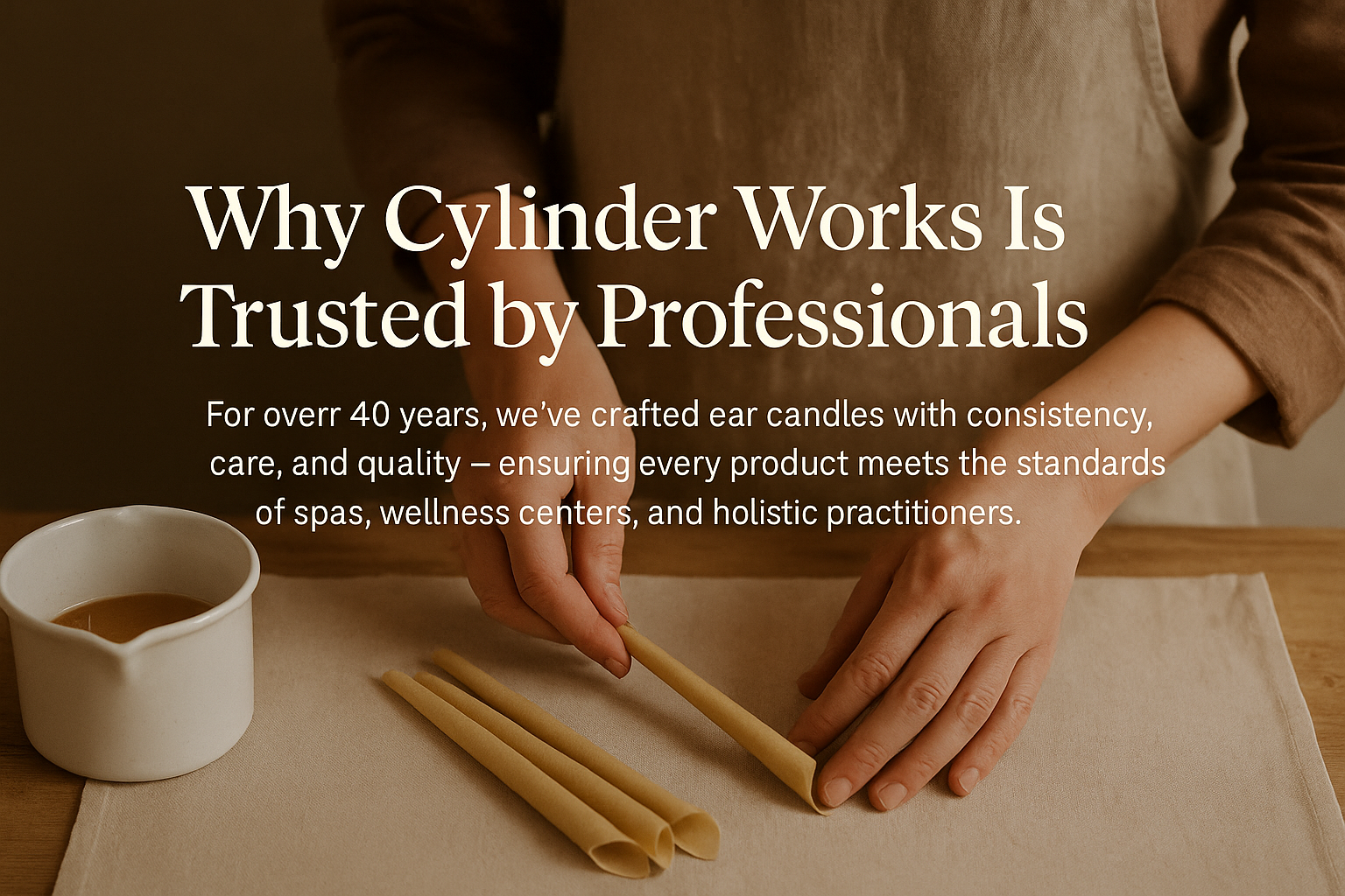 Person preparing ear candles with text about Cylinder Works' trustworthiness and expertise.